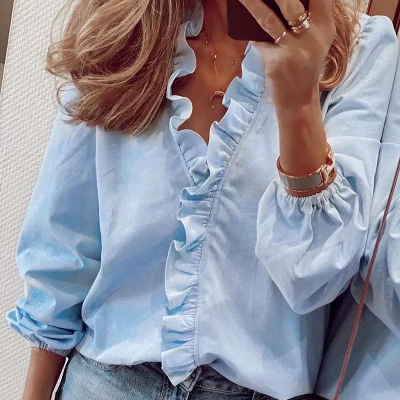 Camicia da donna con volant a maniche lunghe, nuova primavera ed estate