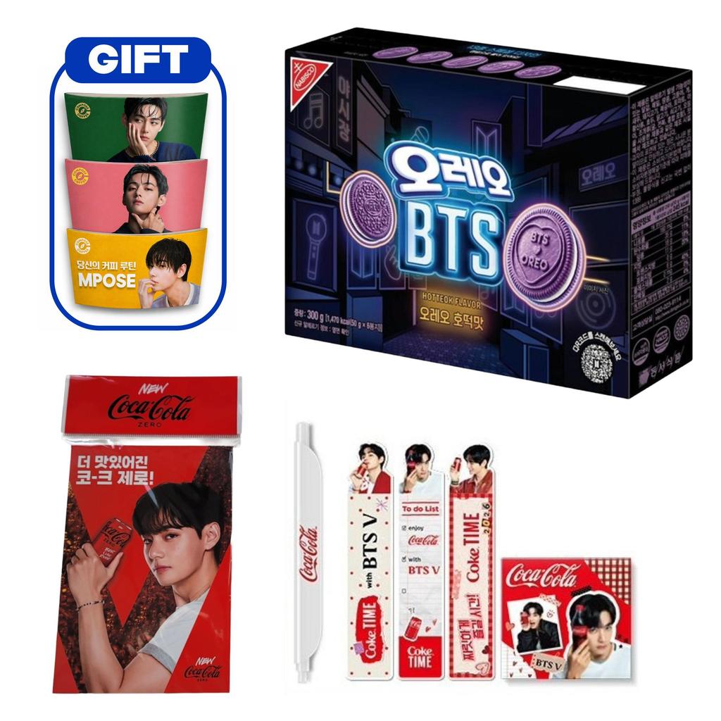 Hotteok Edição Limitada BTS x Oreo (Panqueca Doce Coreana) Conjunto de Presente com 3 Tipos de Manga para Copo Flavor Cookie + BTS V