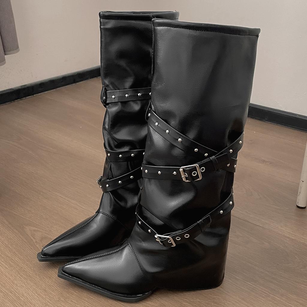 Brown Maillard pointed thick heel boots women's 2025 new autumn versatile skirt stacking knight boots