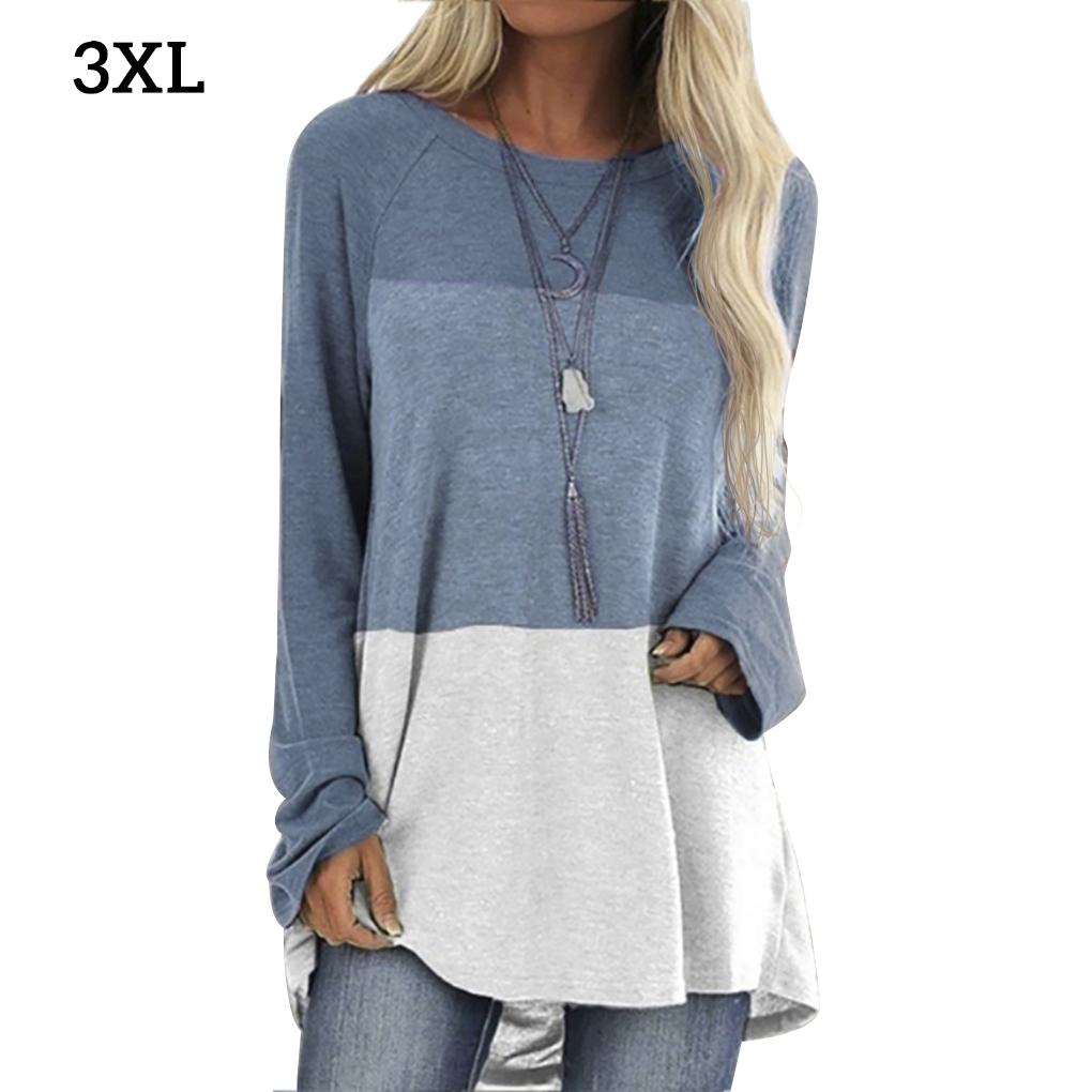 Damen T-Shirt Langarm Rundhals Kontrastfarbe Baumwoll-Top