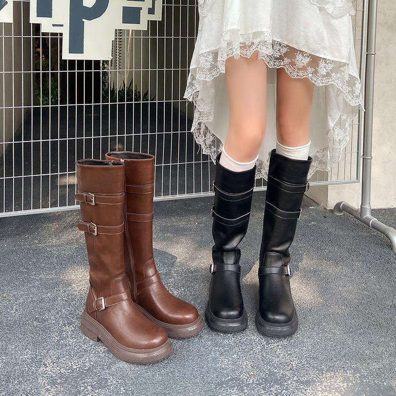 Brown Long Tube Platform Boots Women's Western Cowboy Maillard High Boots Wasteland Round Head Thick Heel