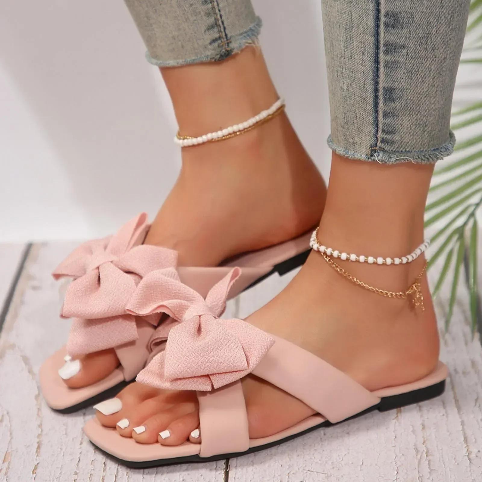 

Новые роскошные женские тапочки с новым узором и бантом на плоской подошве, удобные сандалии на плоской подошве, женские сандалии большого размера 35-43 35 розовый