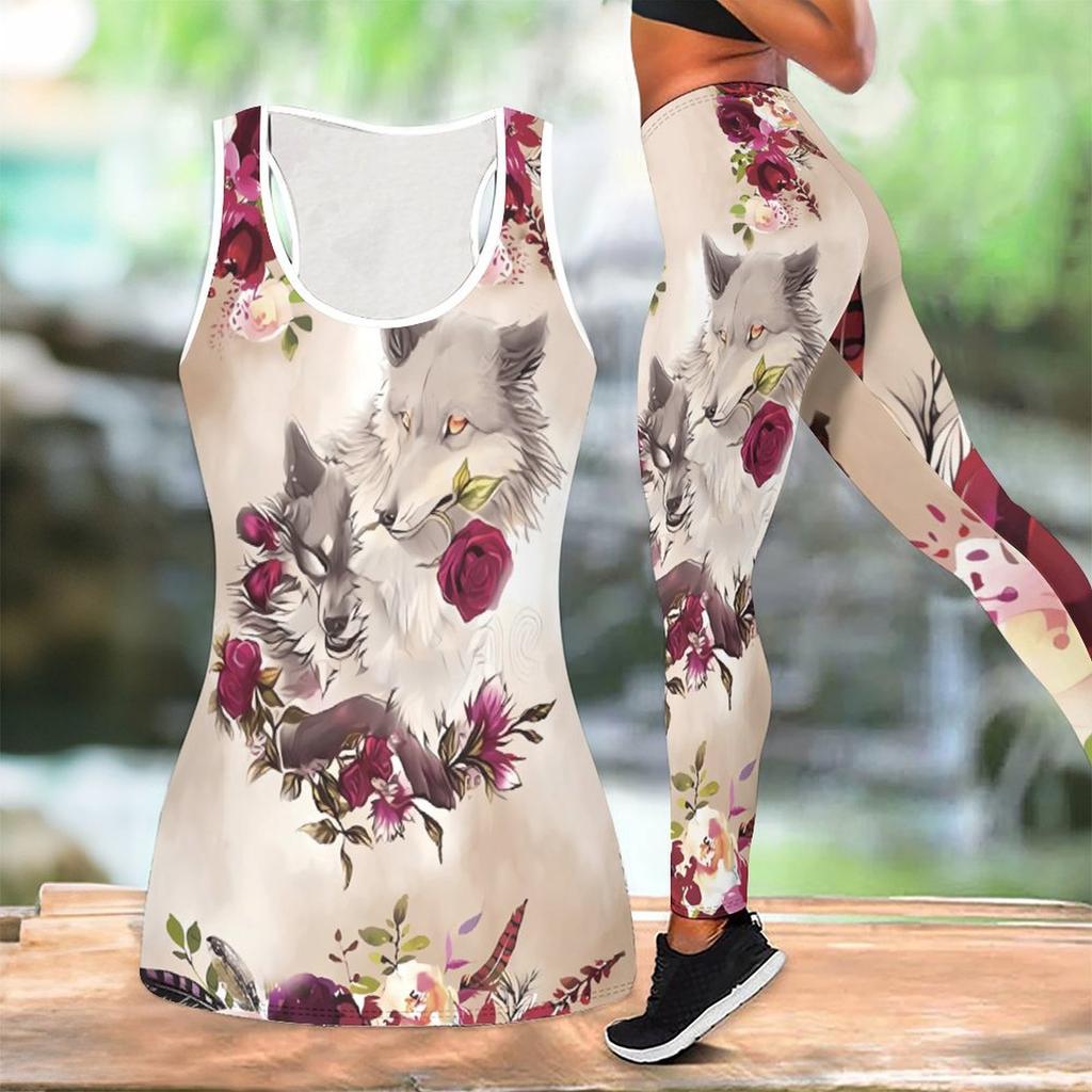 Strój do jogi z nadrukiem totemu wilka dla kobiet Modne legginsy treningowe Zestaw do fitnessu i sportu Codzienny zestaw do jogi Garnitur sportowy