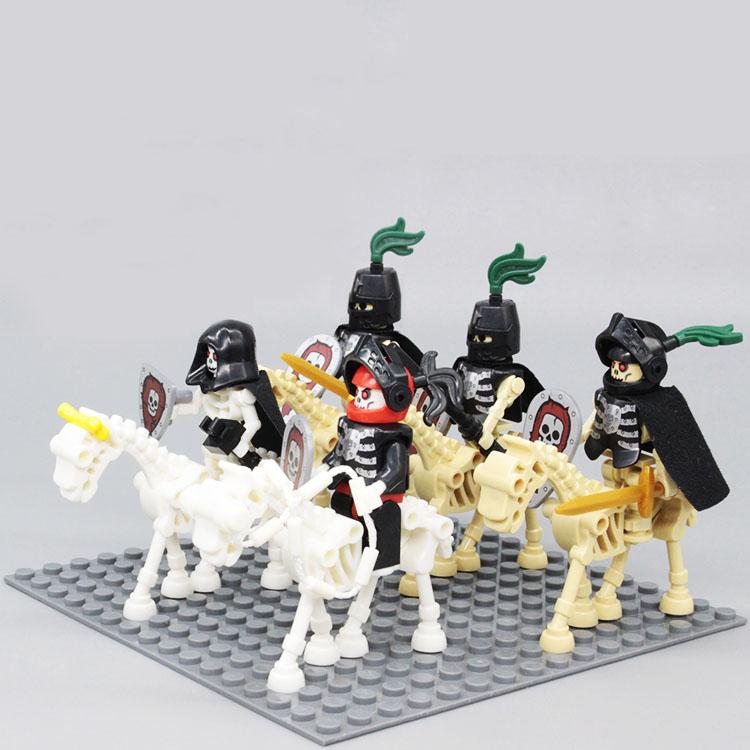 5 Set/Lot Medieval Castle Skeleton Knight & Horse With Cap Undead Army Soldier Action Figure with Weapon Shield Block Kid Toys