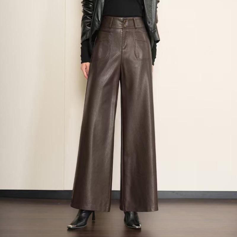 Chic Women's High-Waisted Lambskin Wide-Leg Pants - 2025 Autumn/Winter Slimming Casual Fit