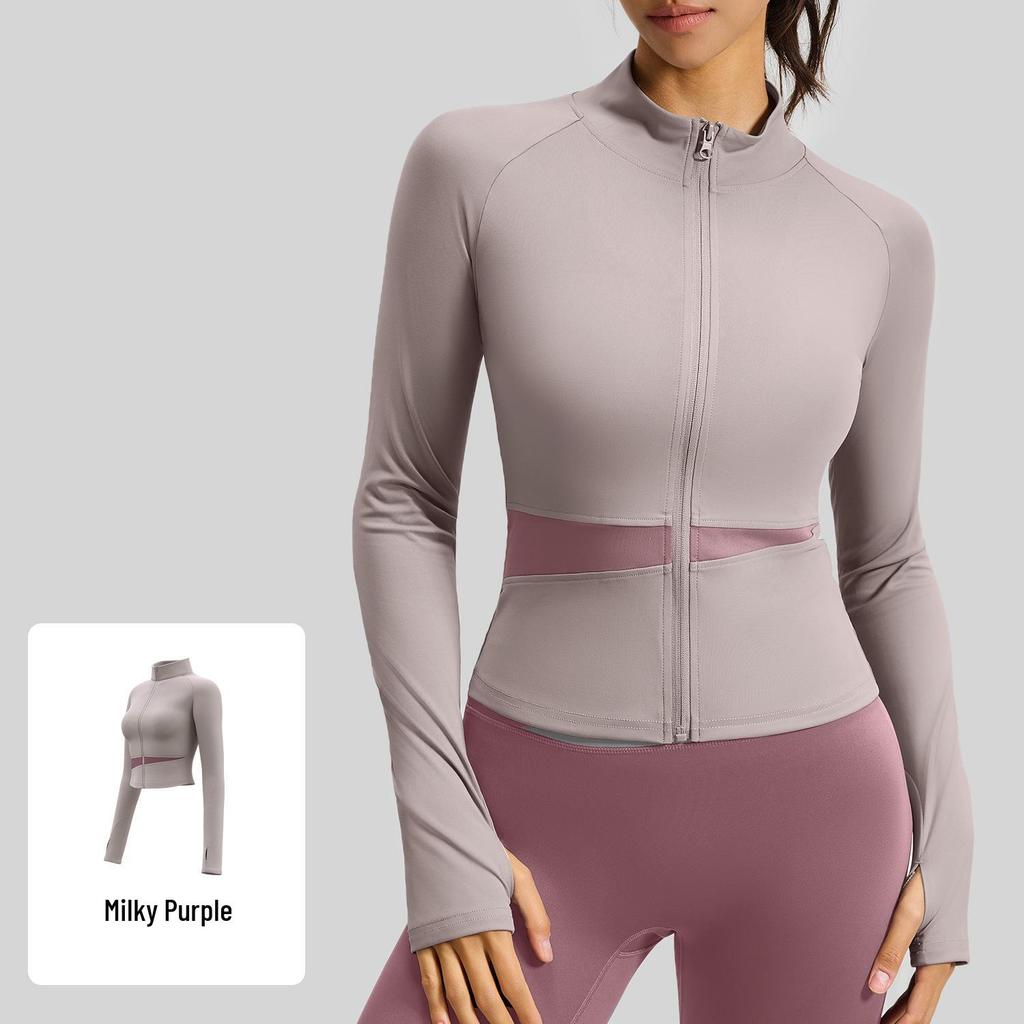 Juyitang Women's Slim Fit Long Yoga Jacket - Nude High Collar Fitness Top