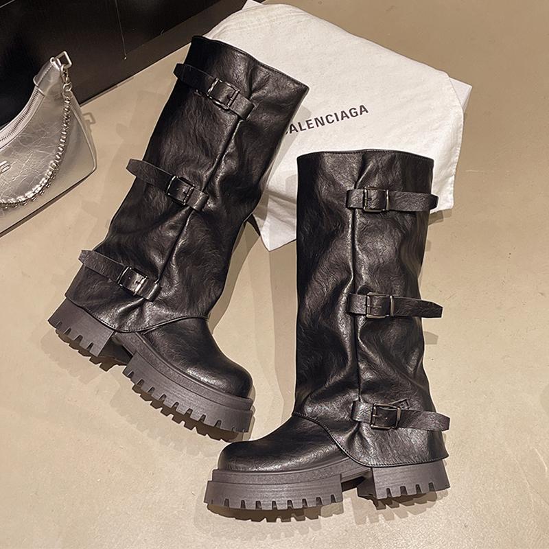 2026 Designer Women's High Boots Flats Platform Fashion Dress Shoes Designer Winter Botas Casual Goth Motorcycle Boots De Mujer