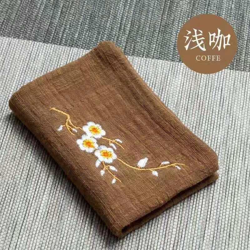 

1Pc 19x29cm Cotton Linen Plum Blossom Embroidery Tea Towel Double-layer Thick Retro Absorbent Tea Cloth колір світло кави