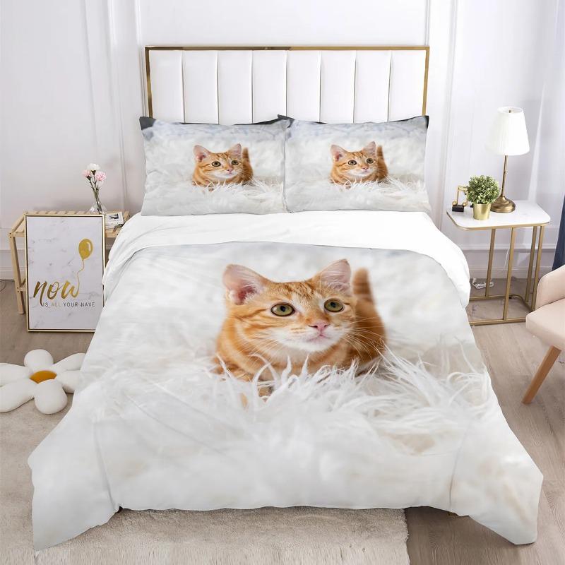 Cute Cat Bedding Comforter Set King Size,Duvet Cover For KidsTeens Boys Girls, Animal Pet Theme Bed Set +Pillowcases Bedclothes