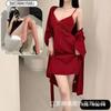 Spring and Summer Sexy Nightdress Lace Temptation V-neck Gathering Ice Silk Suspender Nightdress Backless Chest Pad Suspender Nightdress Set