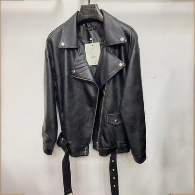 Black PU Leather Jacket for Women Autumn Loose Fashion High Street Early Autumn Lapel Motorcycle Jacket Leather Jacket Top