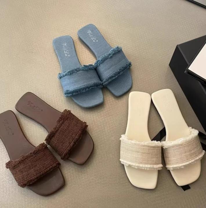 Sommar ytterkläder Denim tofflor Vävda jeans platt botten 35-42 Strandskor Sandaler och tofflor för kvinnor