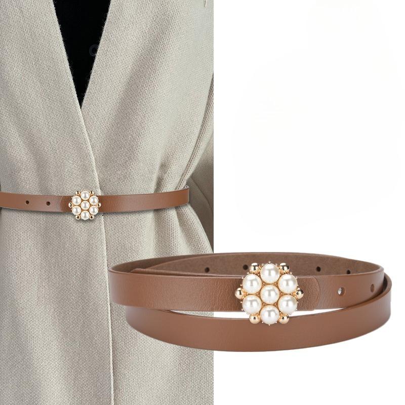 New Thin Belt Korean Version of Retro Pearl Decoration for Women's Thin Belt with Windbreaker Dress Waist Seal Waist Decoration