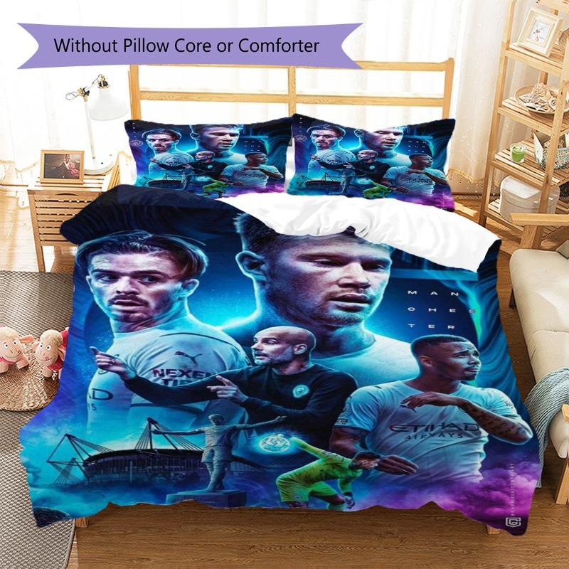 Man City Football Team Collage Print 3‑Pieces Duvet Cover Set Soccer Sports Bedding Bedroom Home Decor Without Pillow Core Comforter