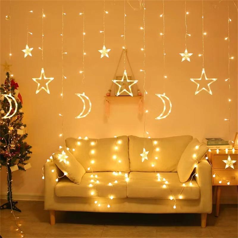 3.5M Solar Moon Star Curtain Lights Waterproof 8 Modes LED Fairy String Lamp for Christmas Party Garden Decor Decor for Room