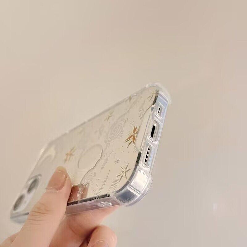 Line Star Moon Pattern Cool Mirror Face Phone Case For iPhone 16 15 14 13 12 11 Pro Max XS Max XR 7 8 Plus Shockproof Back Cover