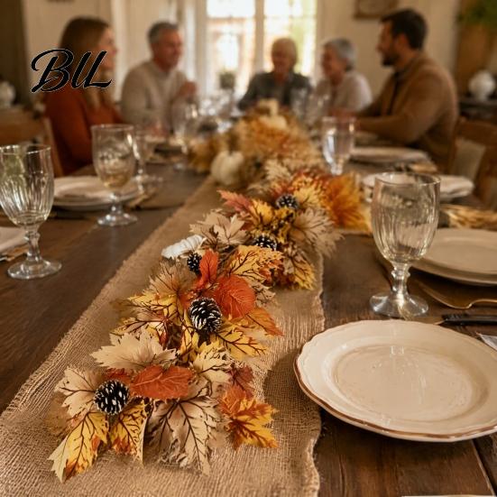 Artificial Maple Leaf Garland Fall Wreath, Autumn Vine with Pine Cones Pumpkins, Reusable Decorations for Home Hanging Decor Thanksgiving Harvest