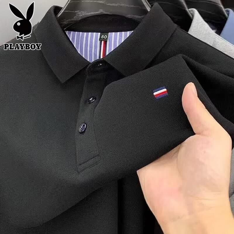 PLAYBOY Men's Embroidered Breathable Long Sleeve Polo Shirt