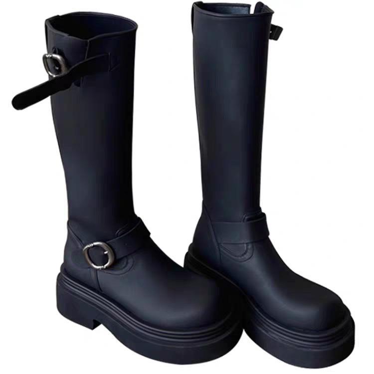Vielseitige mittelhohe Stiefel mit dickem Absatz für Damen, Herbst und Winter, neu, mit Gürtelschnalle, braun, kleine Stiefel mit dicker Sohle, Ritterstiefel für Damen