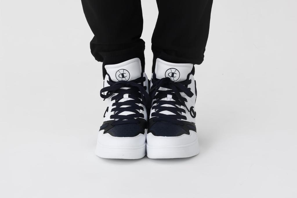 Champion 3 Point Tech Mid S22273 Sneakers with White and Size Cm Men's One-Point Logo, Navy, 25.0