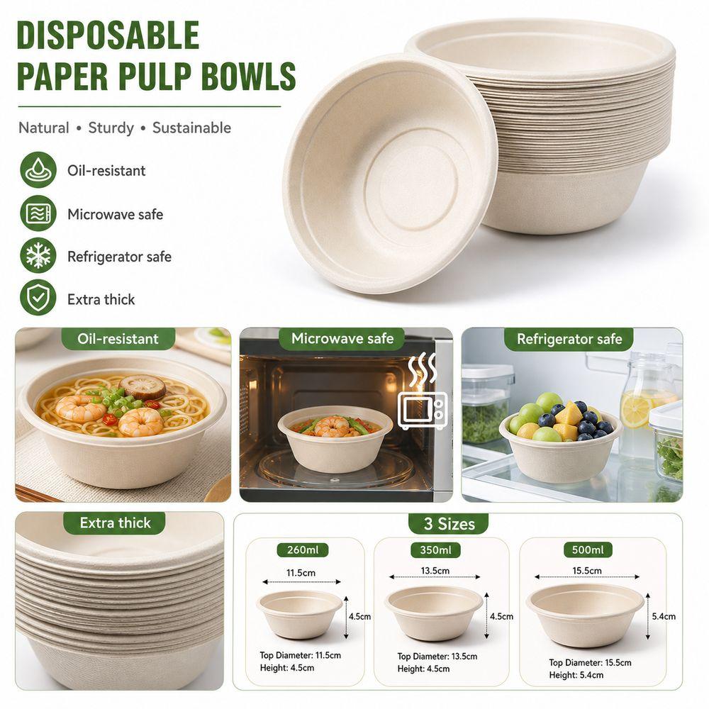50Pcs Water Resistant Round Bowls Paper Pulp Bowl for Noodles Soup Rice and Takeaway Meals