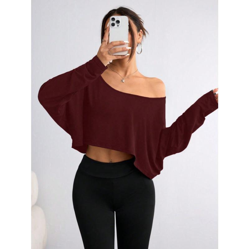 Women S Casual Solid Color Off Shoulder Loose Long Sleeve Top S