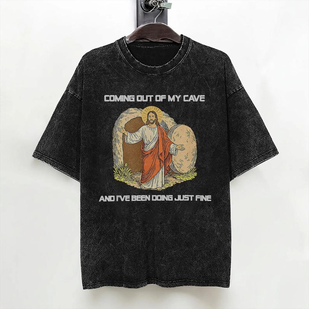 Jesus Coming Out Of My Cave Washed T Shirt Streetwear Hip Hop Casual Tshirt Tee Shirt Men Women 100 Cotton Oversize Summer