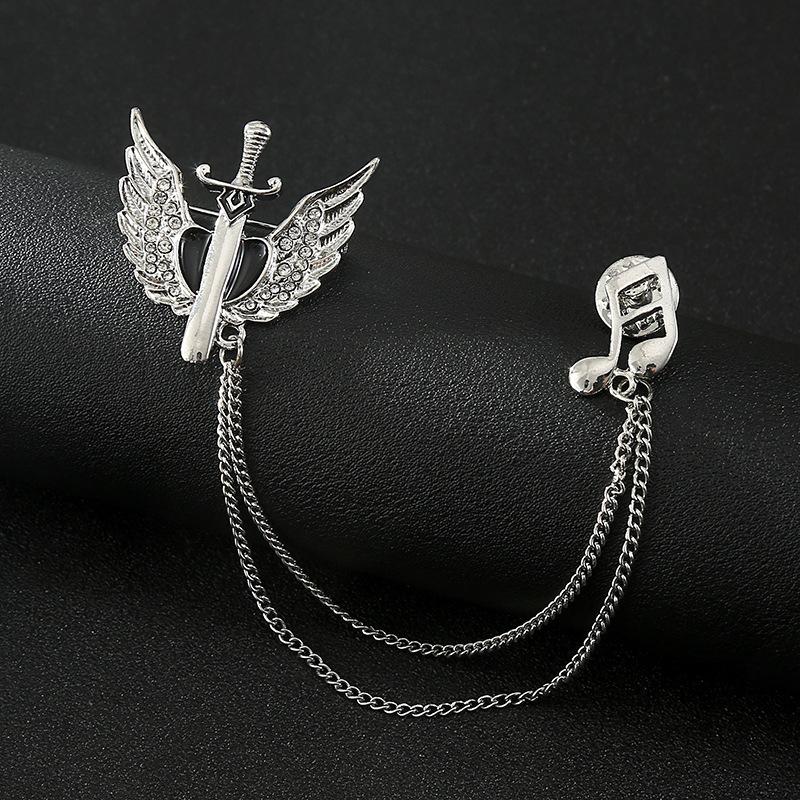 Black Gem Chain Fashion Brooch with Tassel for Men's Suit