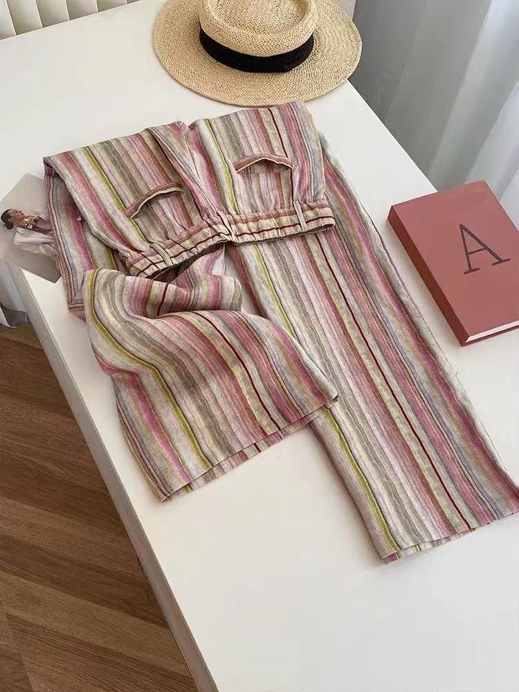 2026 Women's Pink Striped Wide-Leg Casual Relaxed Pants