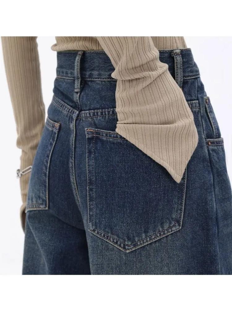 Amerykańskie jeansy vintage z wysokim stanem i oversize dla kobiet, luźne, luźne, Y2K, szerokie nogawki, modne, streetwear, niebieskie, dżinsowe spodnie
