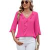 Women's V‑Neck Ruffled Trim 3/4 Split Sleeve Blouse Regular Fit Casual Solid Polyester Chiffon Top