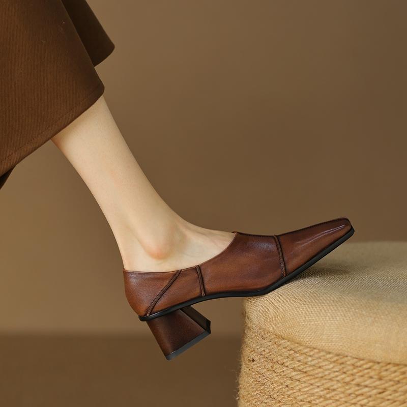 Fashion Women's New Spring and Autumn Square Head Vintage Genuine Leather Cowhide Comfortable High Heel Deep Mouth Oxford Single Shoes