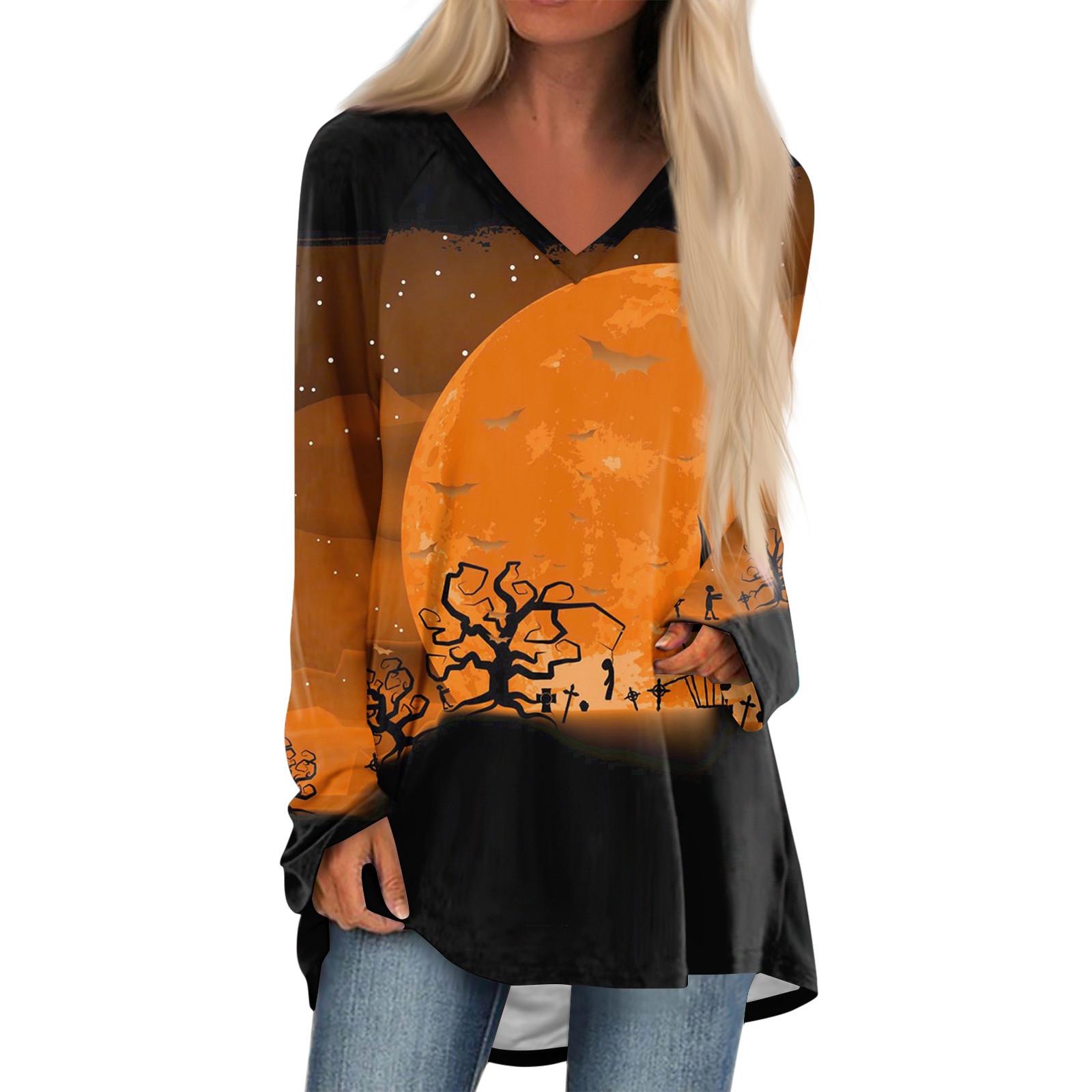 

Женская повседневная футболка с длинными рукавами и V-образным вырезом с принтом Halloweenl, длинная свободная футболка XXXL шафрановый