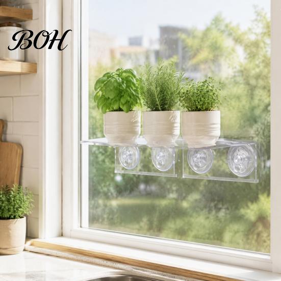 Floating Potted Plant Stands Window Suction Cup Storage Rack, Clear Acrylic Shelf with Microgreen Growing Trays Strong Adsorption, Stand for