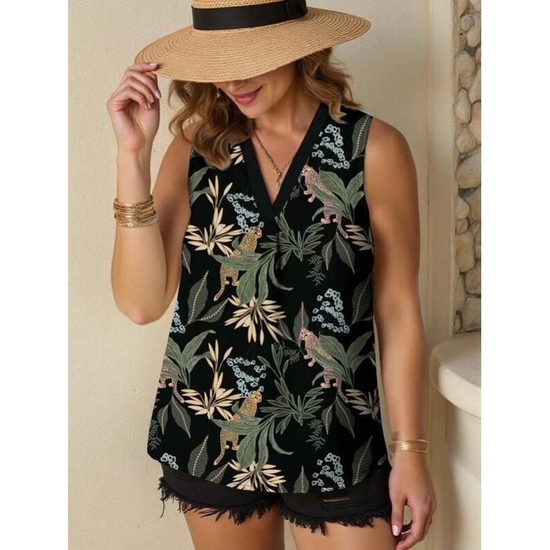 Womens Vintage Floral Print Sleeveless V-Neck Top Comfortable Casual Blouse Soft Cotton-Like Fabric 2025