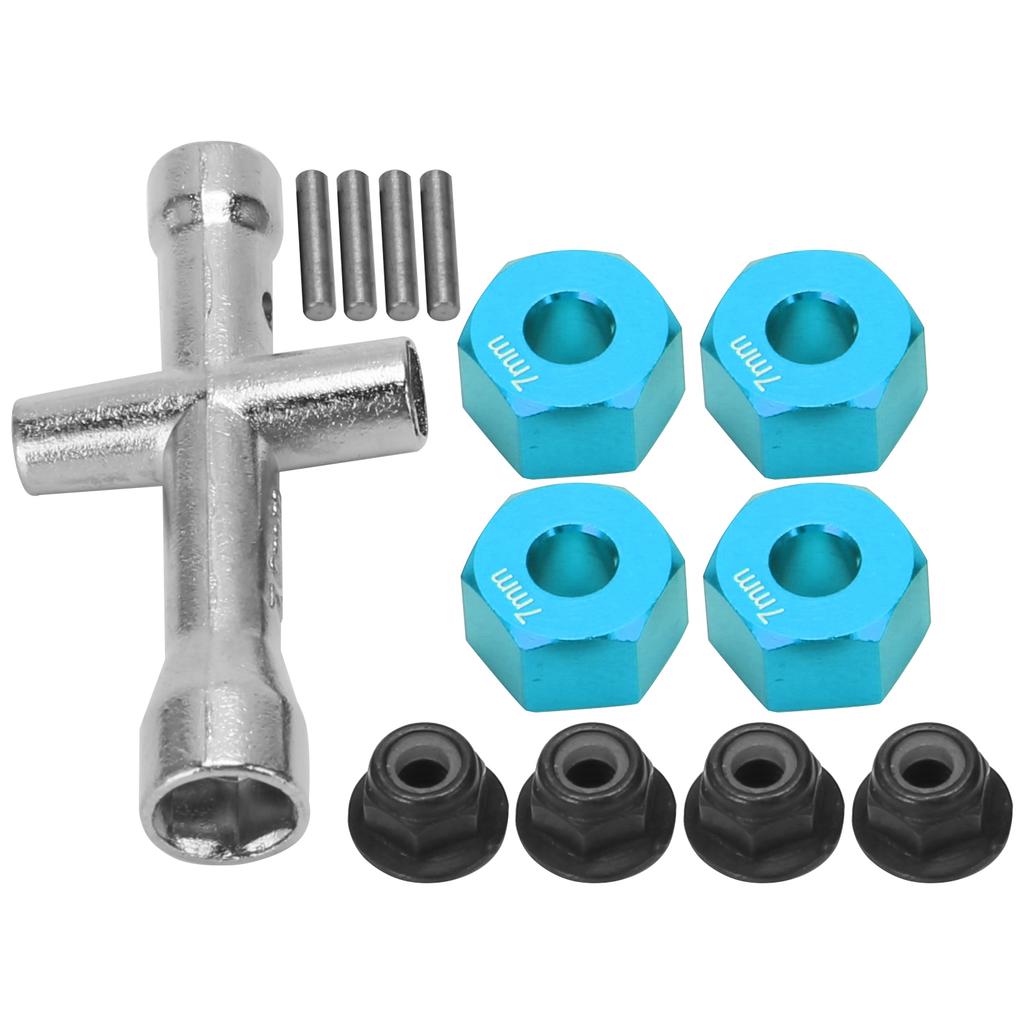 12mm Wheel Hex Hub Adapter 7mm Thick M4 Flange Lock Nuts Cross Wrench Set for 1 10 RC CarBlue