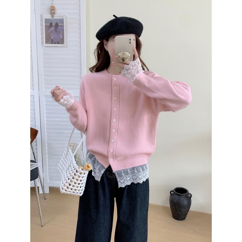 Sweater jacket women's autumn and winter new season fashion versatile design sense lace splicing knitted cardigan top women
