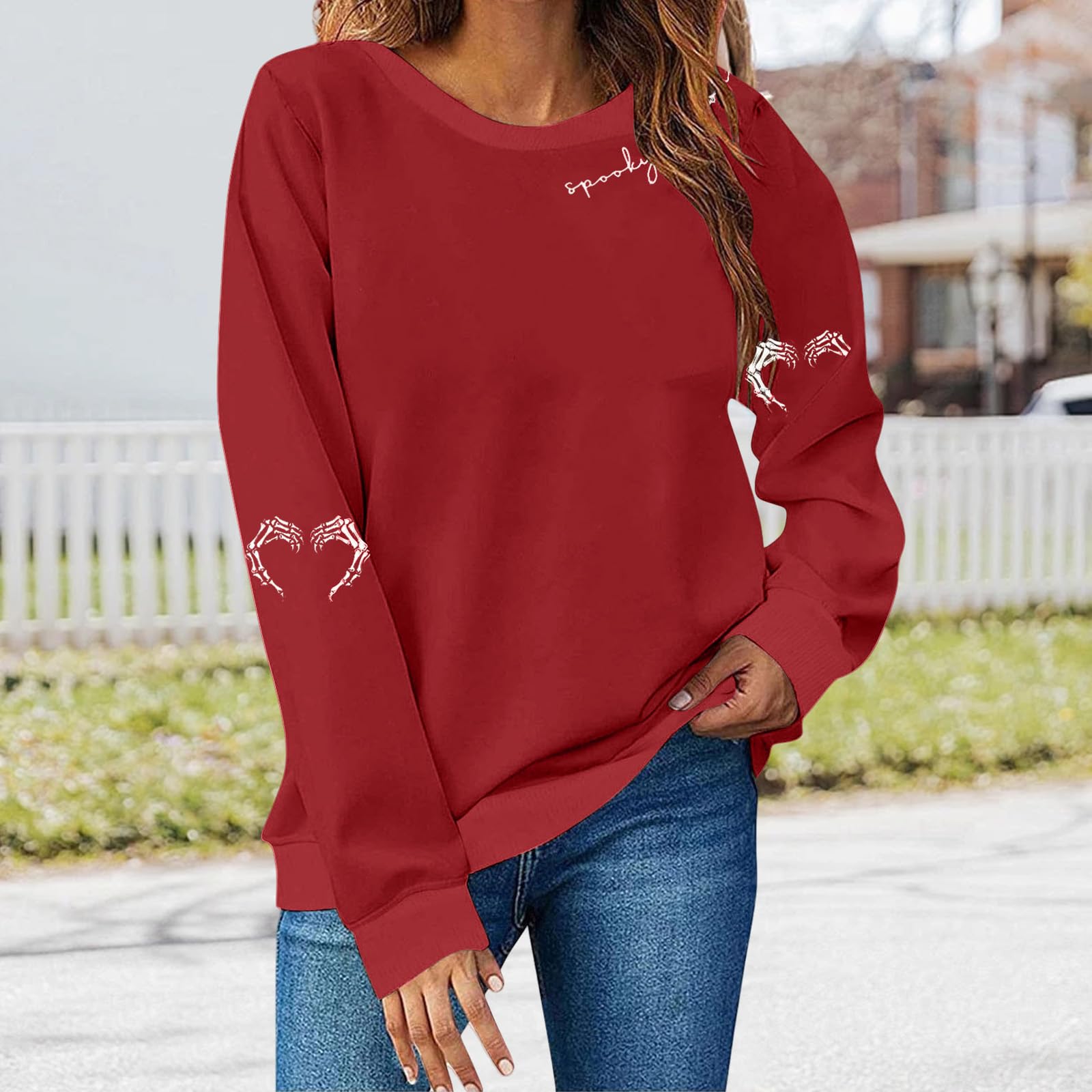 

Женский свободный удобный повседневный модный свитшот с длинными рукавами и принтом на Хэллоуин XXL винный