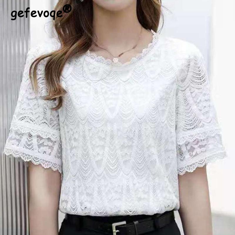 

Повседневная Мода Однотонная Кружевная Ажурная Футболка Лето Новая Короткий Рукав Круглый Вырез Свободные Пуловеры Топы Женская Одежда XXXL белый