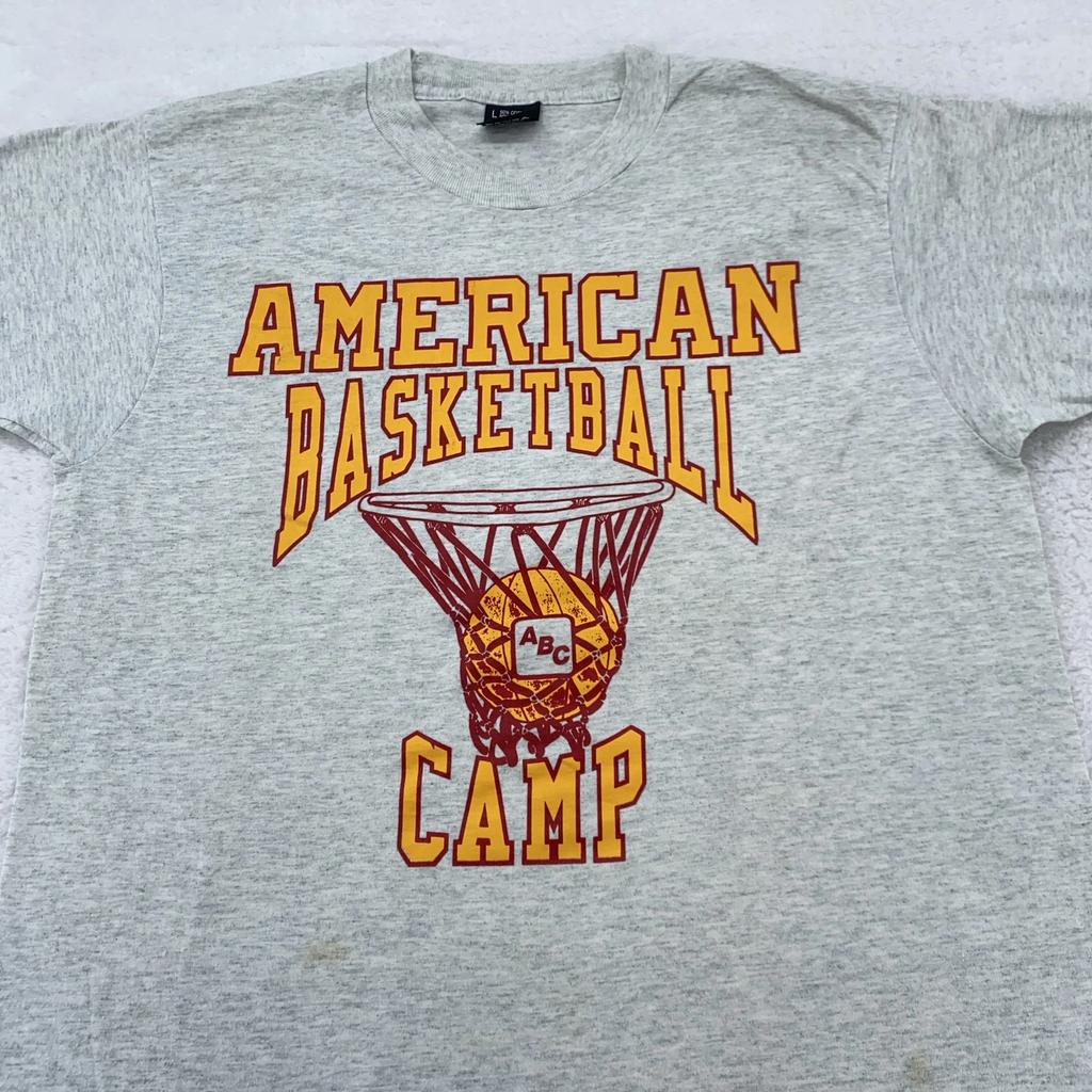 Vintage American Basketball Camp Shirt Mens M/L Gray Sports Tee Made USA 90s