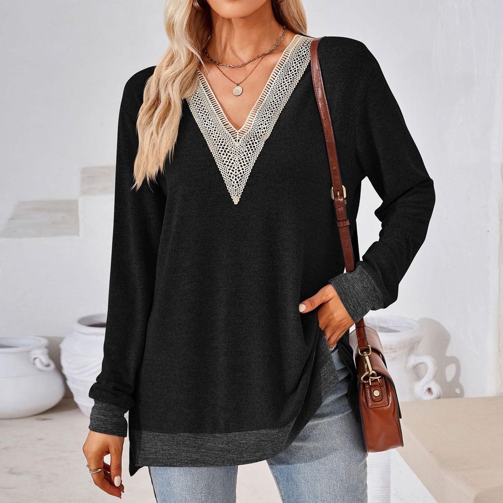 

Женские топы Свободные свободные футболки с длинными рукавами контрастного цвета и разрезом Женские топы XL чёрный