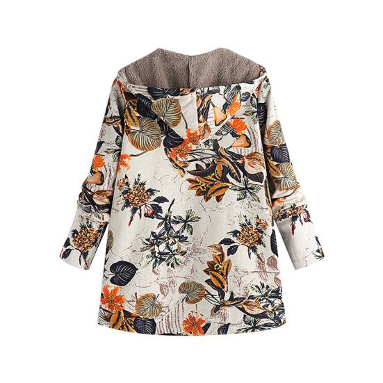 Winter Fashion Floral Leaf Print Fleece Lining Women Long Sleeve Hooded Coat