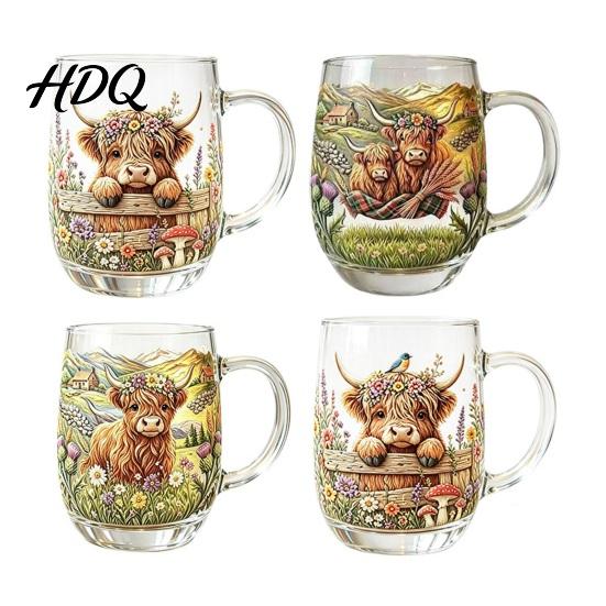 Durable Glass Drinkware 350ML Hand-painted Highland Cow Glass Cattle Coffee Mug Decorative Wine Glasses with Handle Heat-Resistant Tea Milk
