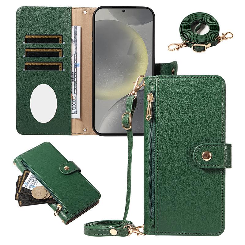 The new flip mirror zipper mobile phone case is suitable for Samsung S25 long lanyard mobile phone fashion protective case.