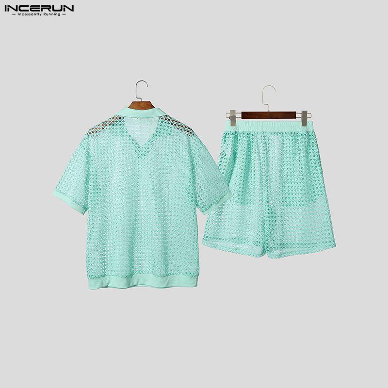 Incerun Beach Sets Men Twopiece Hollow Short Sleeve Tops Elastic Waist Shorts Suits