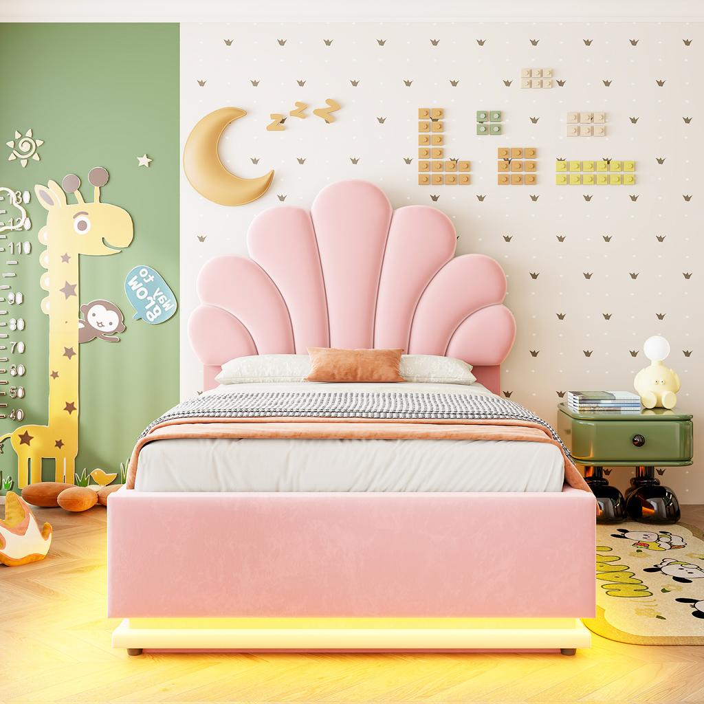 Upholstered Bed 90*200cm, Flower-Shaped Headboard, Hydraulic Storage, LED Lighting and Metal Frame, Velvet Fabric Beige, Pink