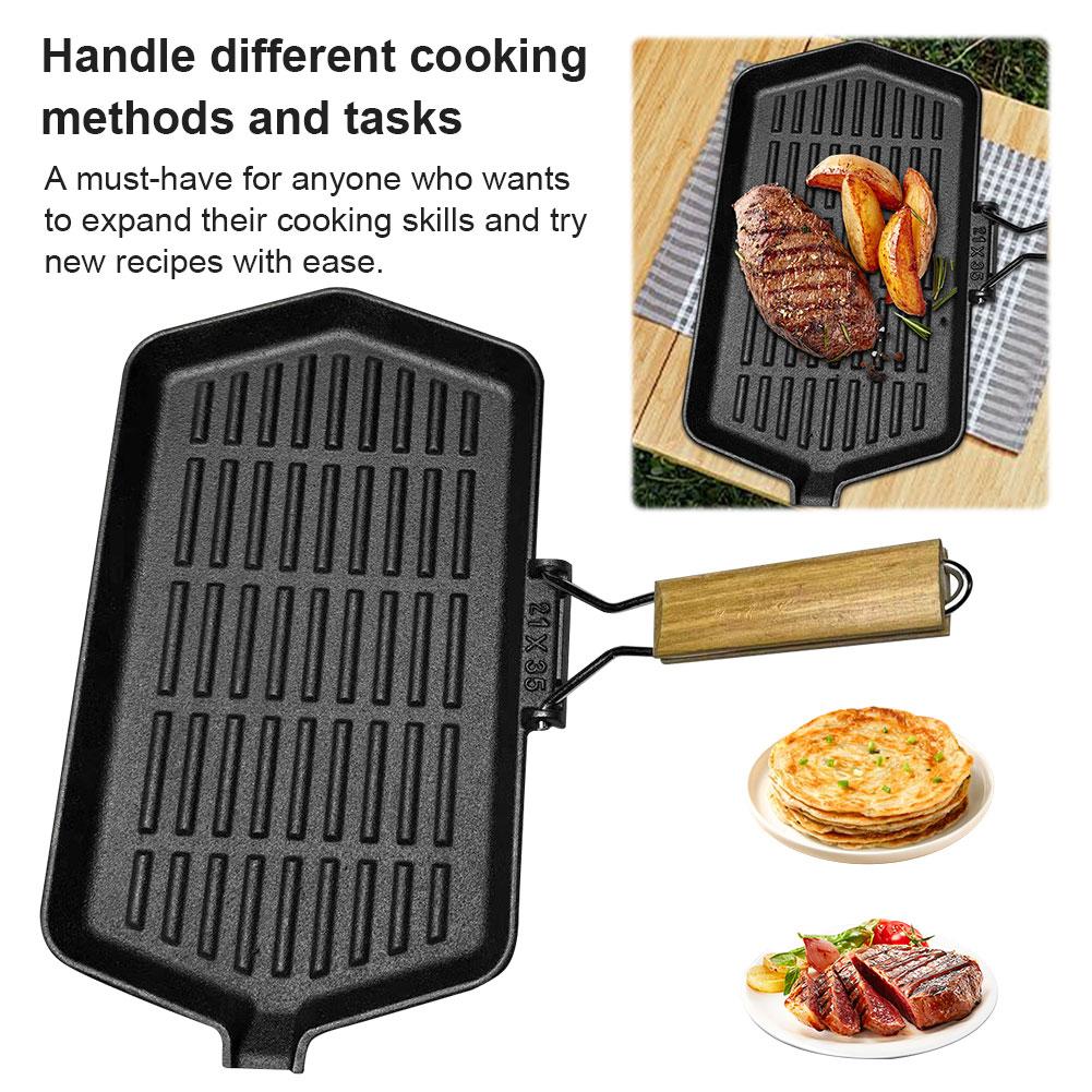34X19cm Iron Steak Pan Rectangular Frying Pan with Handle Skillet for Induction Cooker for Outdoor Hiking Picnic Cooking