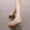 Dünner Absatz transparenter Ein-Wort-Riemen High Heel Halbschlappen Damen Sandalen 2025 Sommer neu Strass High Heels Feenstil Pantoletten