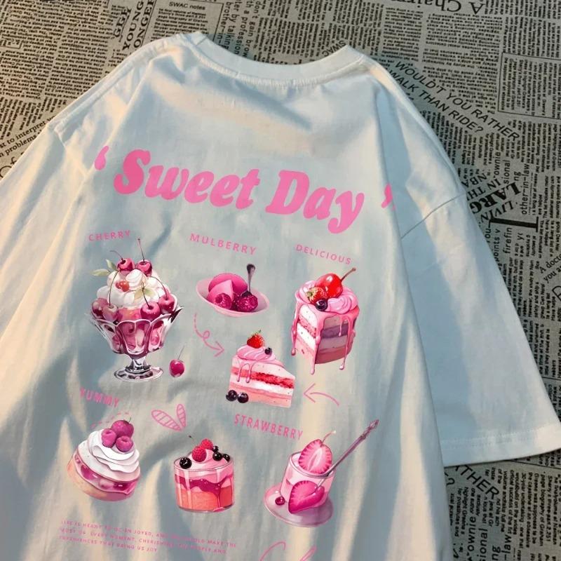 

Sweet Day Pink Ice Cream Cake Printed Streetwear Soft Breathable Trend Female Clothes Cake Pattern Women Clothing S