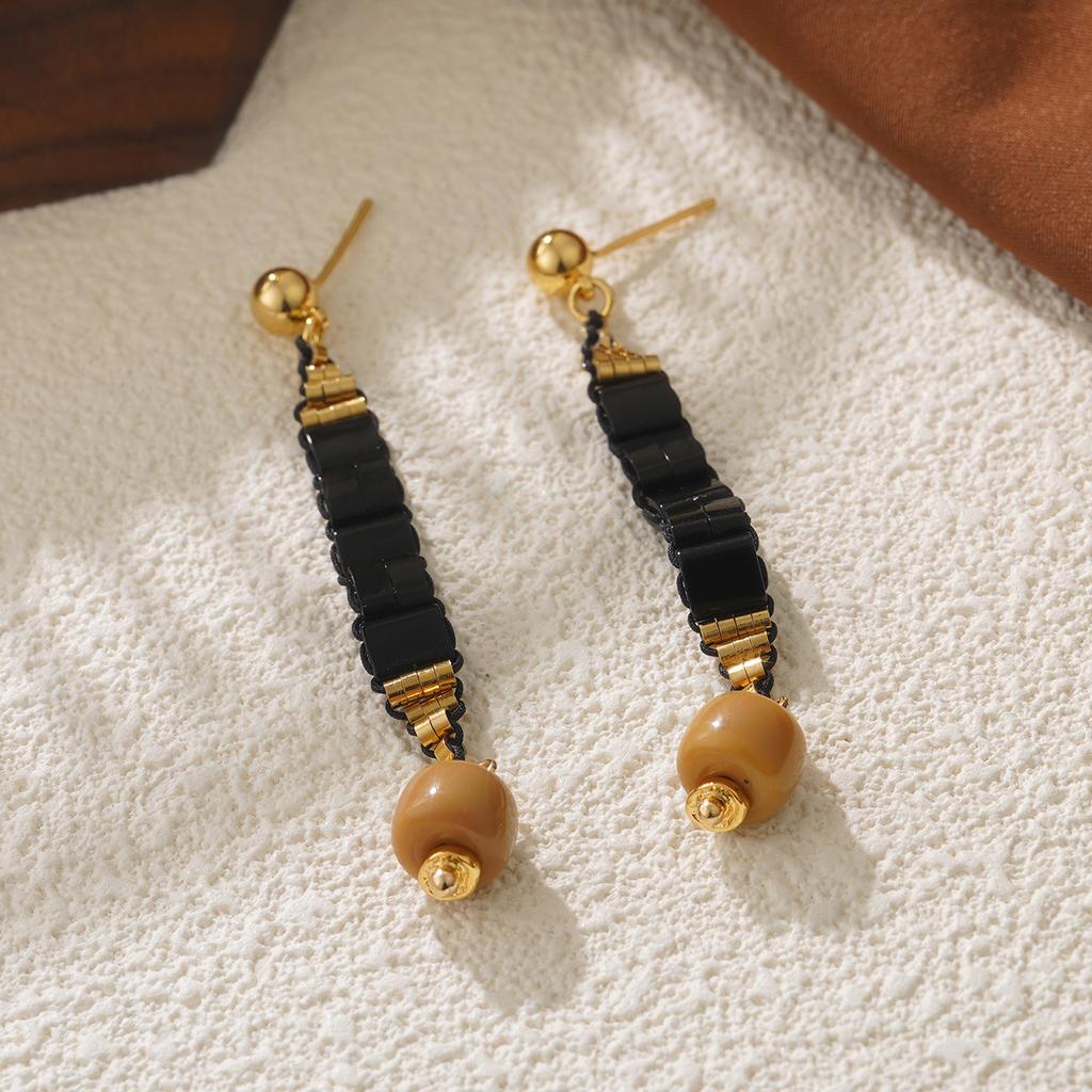 Bohemian beaded handmade design natural stone earrings retro personality new Chinese stud earrings premium feeling earrings
